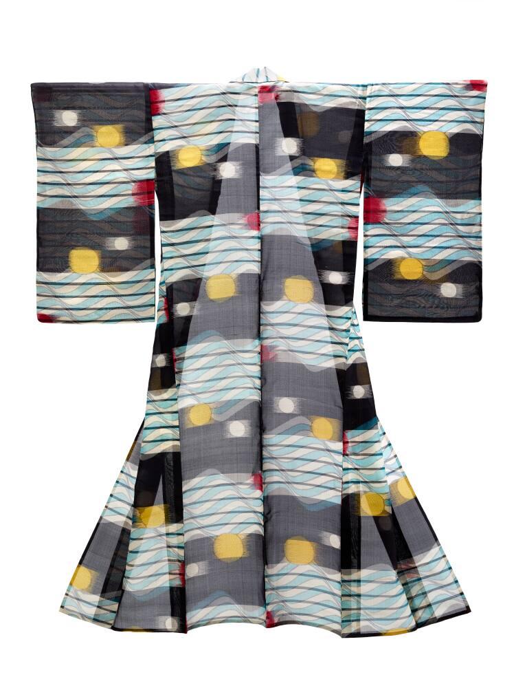 Meisen Unlined Robe (Nagagi) with Pattern of Moon and Waves | All Works ...