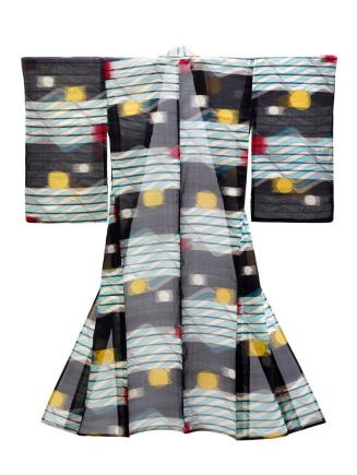 Meisen Unlined Robe (Nagagi) with Pattern of Moon and Waves
