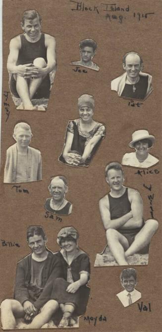 [.A- One man and two women sitting on beach with black umbrella at right "August 1917 / Will and Alice Nantasket Beach."; .B- 10 cut and pasted prints mounted to the back of the mount of .A]