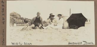 [.A- One man and two women sitting on beach with black umbrella at right "August 1917 / Will and Alice Nantasket Beach."; .B- 10 cut and pasted prints mounted to the back of the mount of .A]