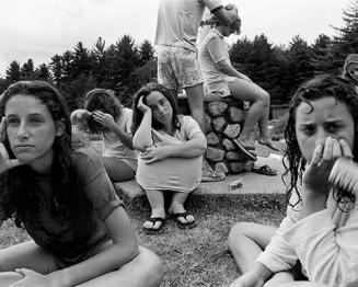 Susan Wachsler with group on lawn, Camp Pinecliffe, Harrison, Maine
