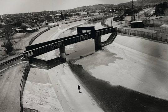 Looking west from the Paso del Norte bridge, with the Rio Grande trickling between Juarez on the left and El Paso on the right