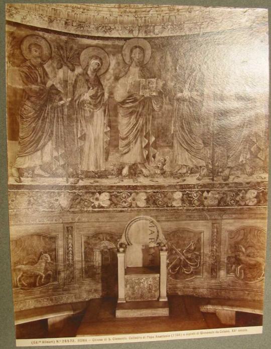 ROMA - Chiesa di S. Clemente.  Cattedra di Papa Anastasio (1108) e dipinti di Giovenale da Celano, XV secolo.