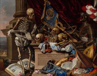 A Vanitas Still Life with Musical Instruments, Sheet Music, Books, a Skeleton, Skulls, and Armor
