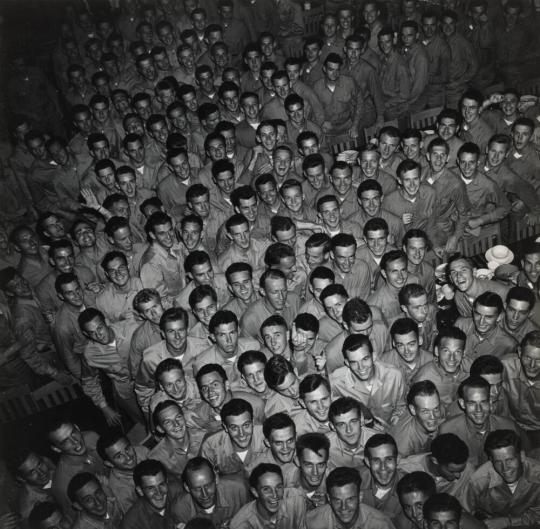 Young Navy Aviators file out of the mess hall at the preflight training school at Del Monte, California