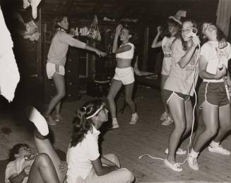 Girls dancing/singing with hair dryer microphone at Camp Pinecliffe, Harrison, Maine