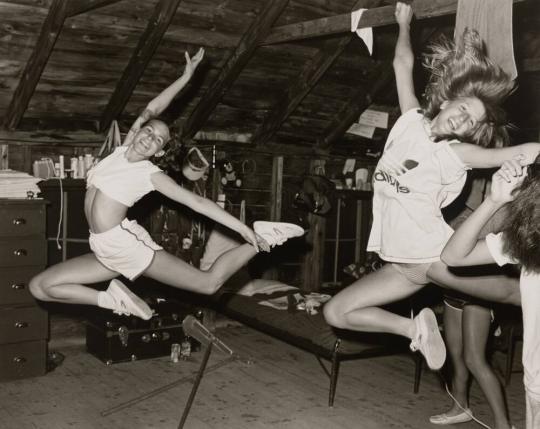 2 girls dancing/jumping, Camp Pinecliffe, Harrison, Maine