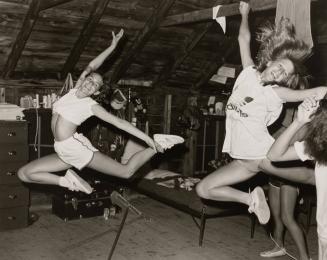 2 girls dancing/jumping, Camp Pinecliffe, Harrison, Maine