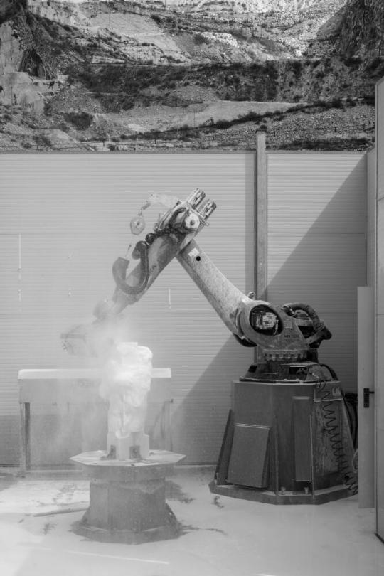 Further into the production of Artist Filippo Tincolini’s sculpture at Robotor, with view of Carrara Mountain behind the working station