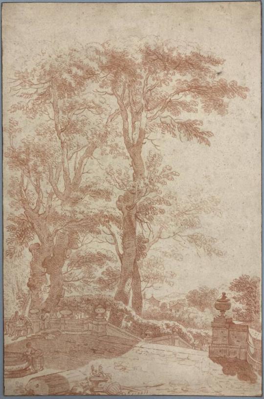 Garden Terrace with Artist Being Observed Drawing, Woman Washing, and a ...