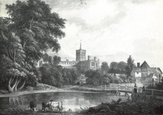 Fig. 11.1. Paul Sandby, Saint Albans Cathedral, with Cattle Watering and a Girl Crossing a Foot ...