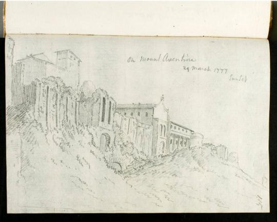 14.1. Thomas Jones, On Mount Aventine, from Large Italian Sketchbook, March 29, 1777, graphite  ...