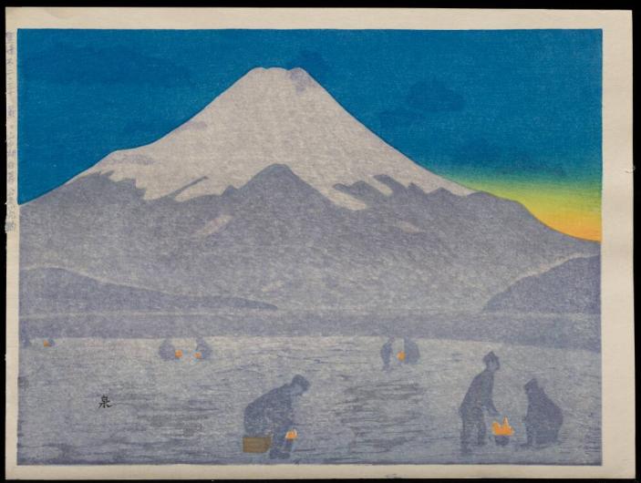 Twilight Comes to Lake Yamanaka as People Fish Pond Smelts Through Ice
