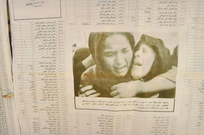 Iraqi newspaper listing the names of the dead, mass grave, Mahaweel