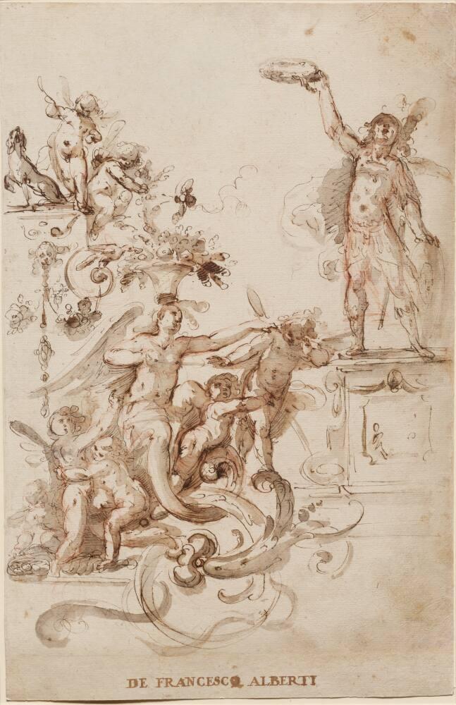 Design for an Elaborate Decorative Scheme, with an Armed Male Figure Holding a Laurel Wreath Above an Allegorical Female Figure of Flora(?) Surrounded by Winged Putti
