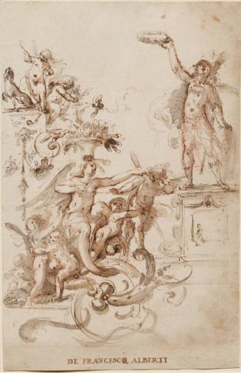 Design for an Elaborate Decorative Scheme, with an Armed Male Figure Holding a Laurel Wreath Above an Allegorical Female Figure of Flora(?) Surrounded by Winged Putti