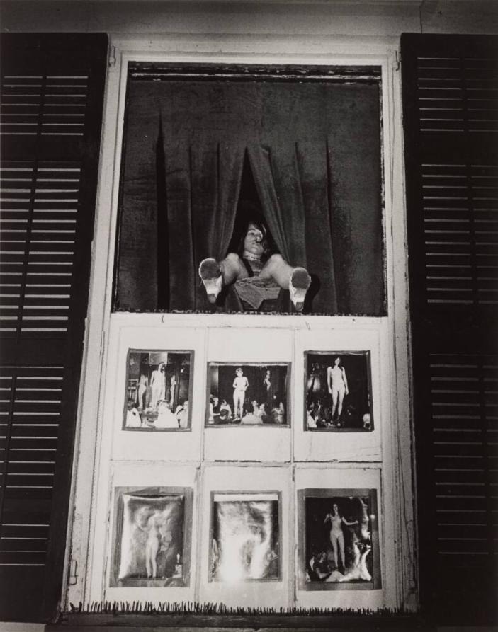 [Woman With Legs Hanging Outside Window, Six Panels of Partially Nude Women Below]