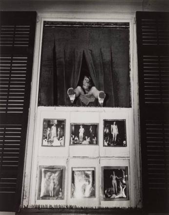 [Woman With Legs Hanging Outside Window, Six Panels of Partially Nude Women Below]