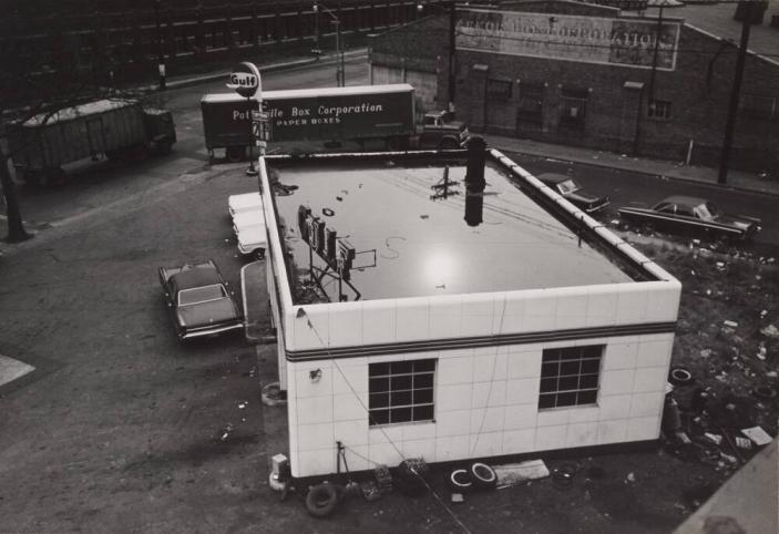 [Looking Down on Gulf Gas Station, Train Car ‘Pottsville Box Corporation Paper Boxes’]