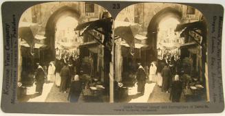 Crowded basaar and thoroughfare of David St. view E. to Olivet, Jerusalem