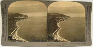 The storied Sea of Galilee and its wall of hills; N. over Tiberias on West bank, Palestine.