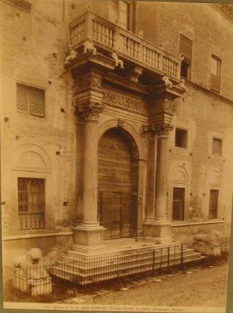 Palazzo stepped entry, lions each side, iron fence across