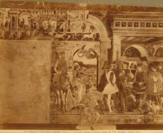 Frescoed wall, blank portion on left, seated figure in center