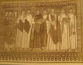 Mosaic in Basilica di S. Vitale: seven robed figures, including S. Massimiano, and several soldiers.