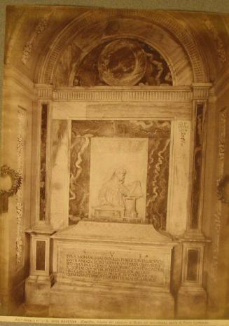 Interior of sepulchre.  Tomb in arched recess beneath sculpted portrait.