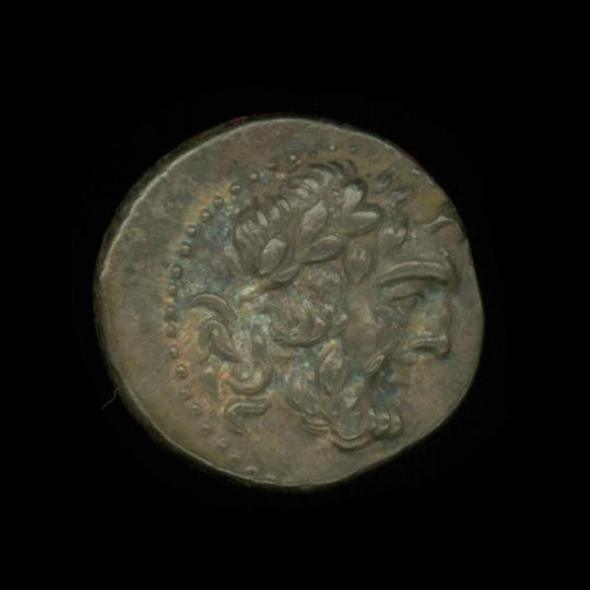 Silver coin with Zeus Homogyrius laureate on Obverse and Wreath with Achaean League monogram on Reverse