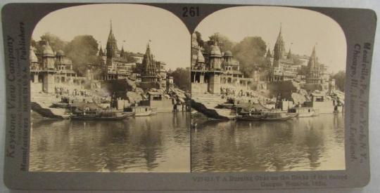 A Burning Ghat on the Banks of the Sacred Ganges, Bernares, India.