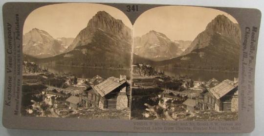 Mt. Grinnell and Mt. Gould, S.W. across McDermottt Lake from Chalets, Glacier Nat. Park, Mont.