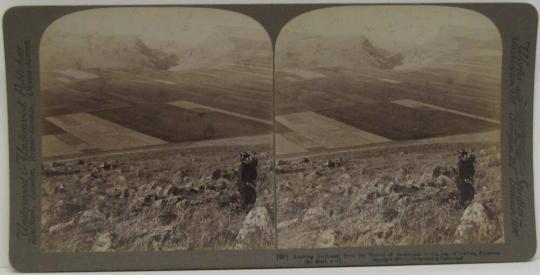 Looking northesat from the Mount of Beautitudes to the Sea of Galilee, Palestine (St. Matt. vi)