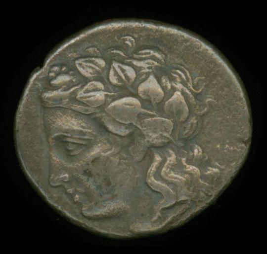 Triobol with Bacchus laureate on Obverse and Volute Krater on Reverse