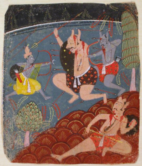 Rama and Lakshmana with Bow and Arrow Attacking the Monkey Demon