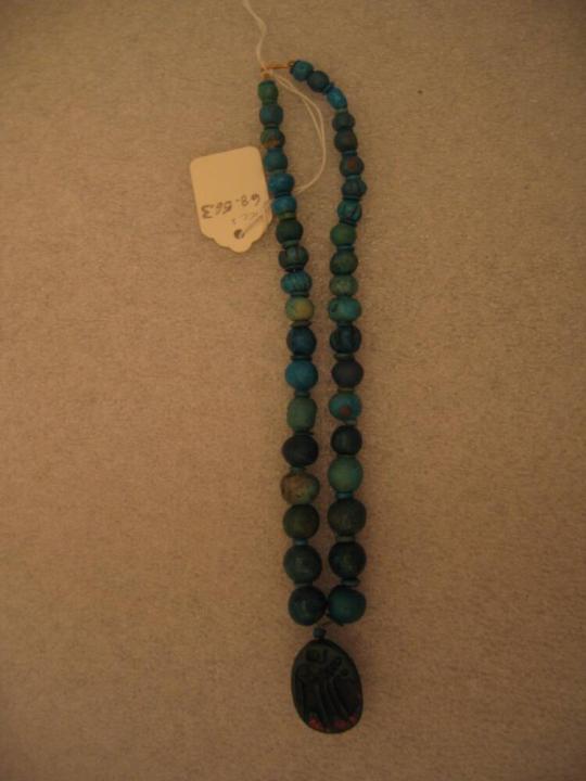 Single Stand Necklace of Round and Flat Beads with Scarab Pendant with Inscription