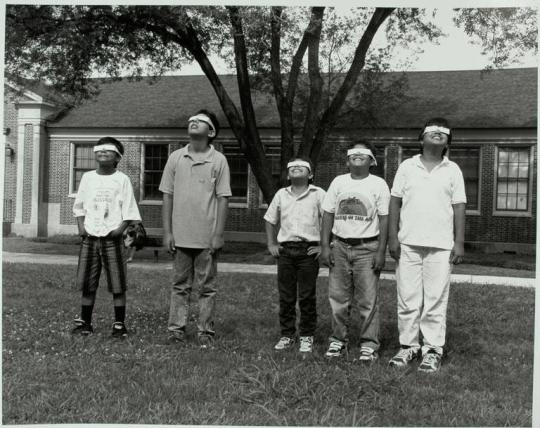 César, Mario, Rene, Adame Baldomero Watching the Solar Eclipse on May 10, 1994, Houston